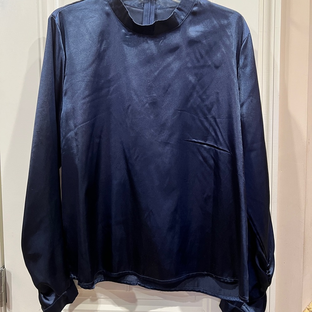 SHEIN Navy Blue Satin Long Sleeve Blouse Sz XL